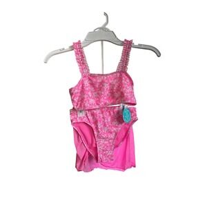 Breaking Waves Girls 7/8 Pink Floral 3 Piece Bikini‎ Swimsuit Sarong Set NWT